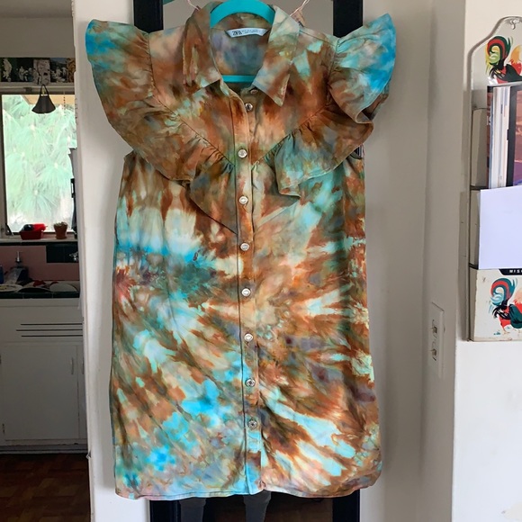 Zara tank top denim mini ruffle dress, ice toe dye - Picture 3 of 11